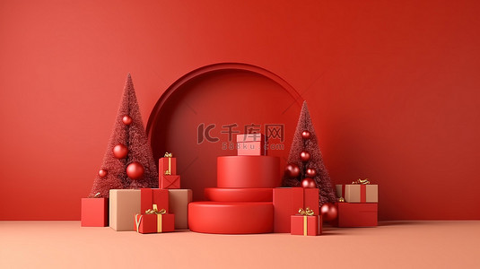 节日松树和礼物装饰着红色背景 3D 渲染的圣诞装饰讲台