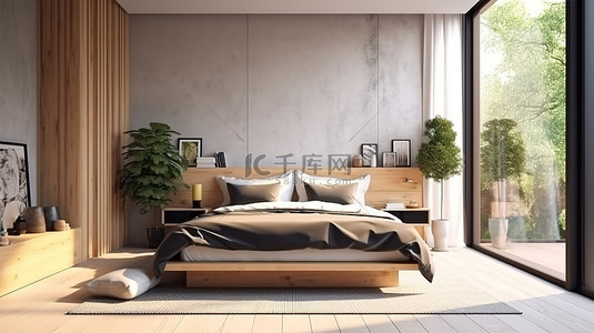 现代卧室设计与自然日光 3D 插图