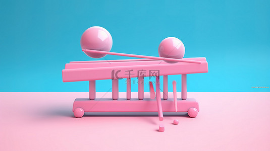 双色调风格蓝色玩具木琴，粉红色背景上带有魔杖 3D 渲染设计