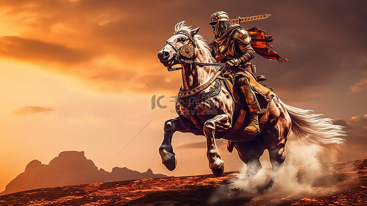骑马价格表海报背景图片_骑马战士无所畏惧地投入战斗的 3D 渲染