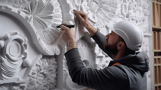 现代装修背景图片_安装石膏 3D 面板，熟练工人将瓷砖贴到墙上