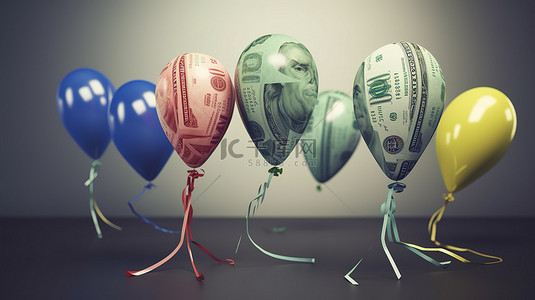 用纸币支撑的 3d 气球来体现货币价值递减的概念图