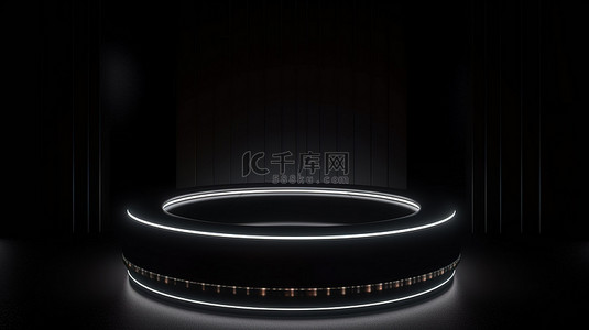 白色霓虹灯照明在 3D 渲染中照耀在黑色圆形讲台上