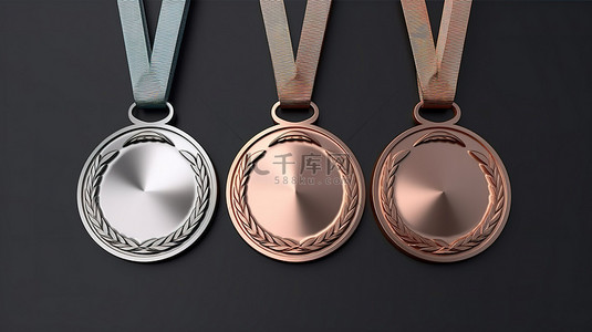 不规则形状背景图片_不规则形状的奖牌三重奏，采用柔和的金色银色和铜色 3D 渲染图标