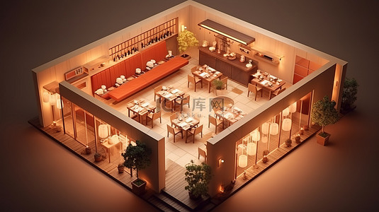 平面餐厅背景图片_露天餐厅室内建筑的 3D 渲染等距视图