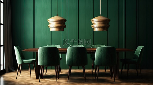 简约绿色家居背景图片_当代简约工作室餐厅配有豪华桌子和绿色椅子 3D 渲染