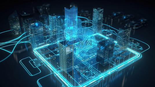 未来派蓝色线框城市建筑和采用 5G 技术的手机由发光粒子 3D 渲染照亮
