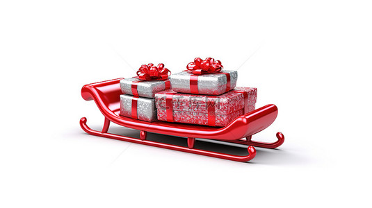 红雪橇背景图片_白色背景的孤立 3D 插图与红色圣诞雪橇和礼品盒
