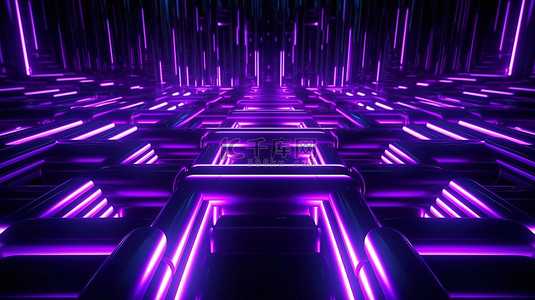 黑色背景上抽象紫色霓虹灯形状的 3D 渲染非常适合未来派科幻插图