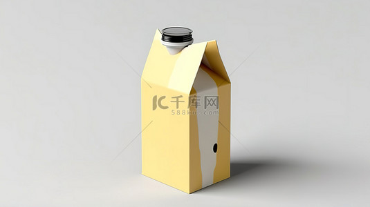 白色背景 3D 渲染的纸板三角盒中的奶油汁或牛奶包模型
