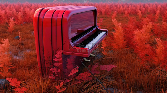 长长的河流背景图片_长长的秋草中河岸上一架抽象红色钢琴的特写 3D 渲染