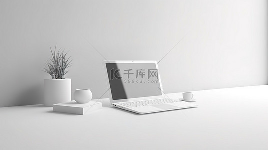 简约的白色笔记本电脑设计，在干净的工作空间上，配有现代桌面 3D 渲染插图