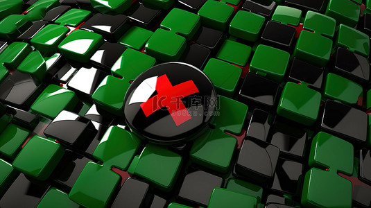 红十字背景图片_带有绿色复选标记和红十字图标的黑色盾牌的 3D 渲染