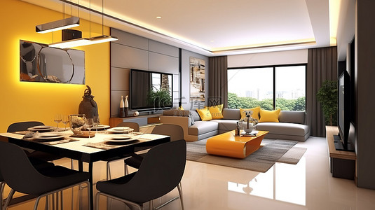 3D 渲染别致的室内空间，配有家具电视休息室家庭办公室用餐区和厨房