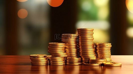 木桌上堆满金币的 3D 渲染，象征着财务储蓄和投资增长