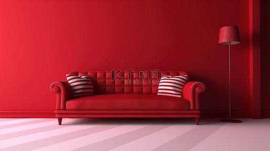 空荡荡的红色房间中红色单色沙发的等距渲染