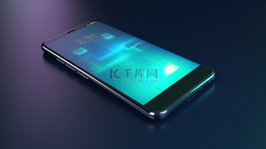 手机界面数据背景图片_蓝色背景，具有 3D 渲染的智能手机和更新的界面