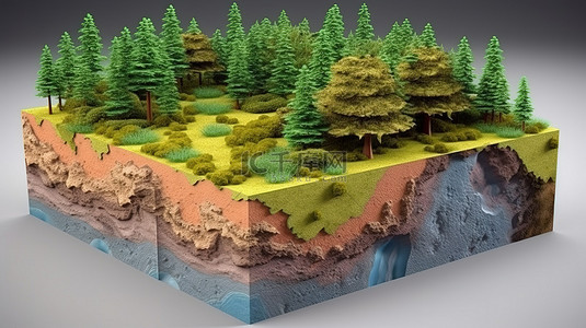 地质背景图片_令人惊叹的 3d 立方体描绘了树木茂盛的森林的地质和土壤层