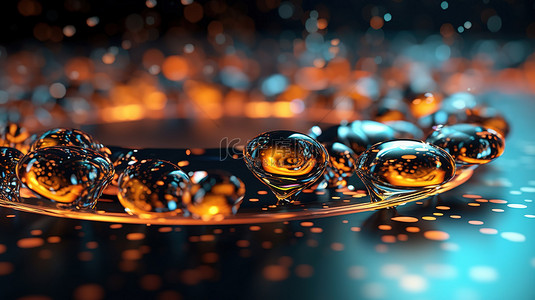 流动水波纹背景图片_散景光中流动的水滴抽象 3D 插图