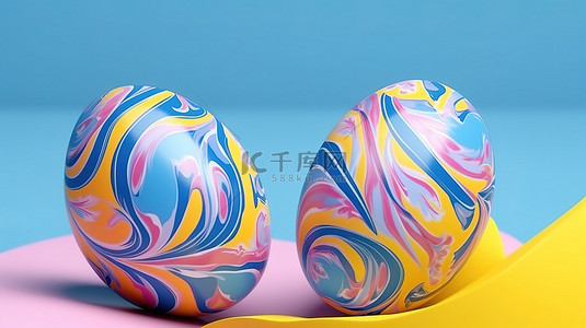 兔子蓝色背景图片_可爱的复活节彩蛋装饰着蓝色和粉色，位于充满活力的黄色背景上，具有 3D 渲染效果，非常适合您的节日信息
