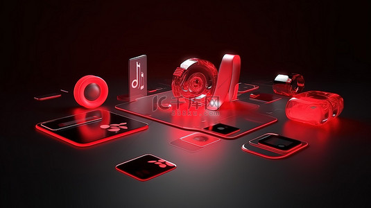玩设计背景图片_侧视图中的界面设计符号和多媒体图标，具有红色 3D 渲染