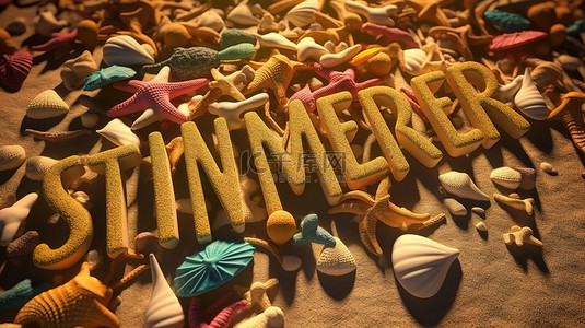 夏天用贝壳和沙子在海滩上用彩色 3d 文字书写