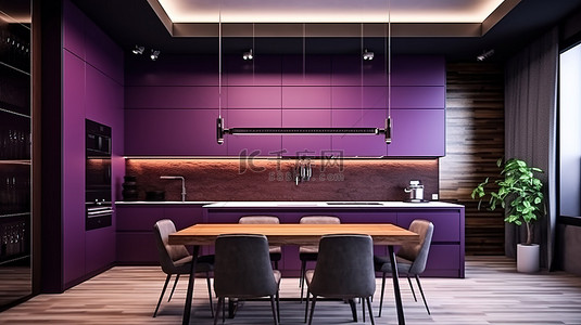 时尚现代的房屋内部，设有 3D 深紫色厨房