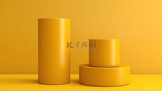 用于在纯黄色背景上展示工作室产品的简约黄色圆柱台的 3d 渲染