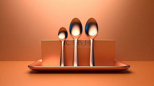 带金属铜叉子和勺子的方形讲台的简约 3D 呈现
