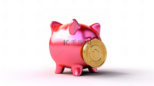 金色小猪背景图片_白色背景下忠诚计划的粉色存钱罐和金色奖金硬币的 3D 渲染