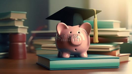 书上戴着毕业帽的存钱罐，以 3D 形式可视化投资教育和奖学金理念