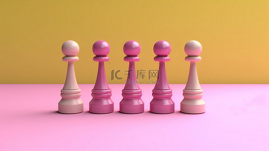 粉红色背景上多彩棋子的多样性 3D 渲染的力量