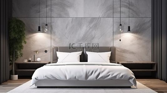 卧室床头灯背景图片_以 3D 概念化的极简主义卧室配有双床头灯