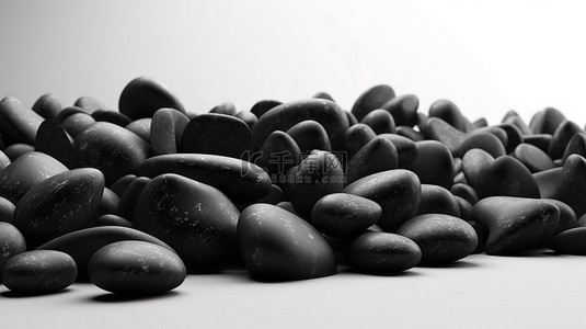 白色表面，在 3D 渲染中带有一堆黑色卵石，提供复制空间和抽象背景