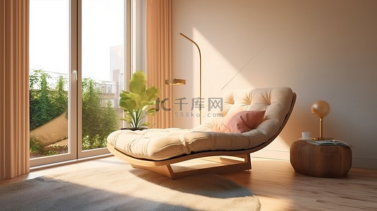 带宽敞窗户的卧室躺椅的 3D 插图