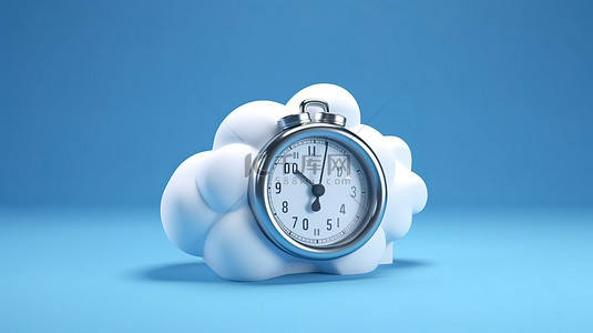3d 渲染的秒表和计时器图标，蓝色背景上有云