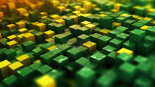 绿色兔子背景图片_3D 渲染背景飞行哑光立方体以绿色和黄色色调描绘科技公司业务和网络开发的人工智能数据保护