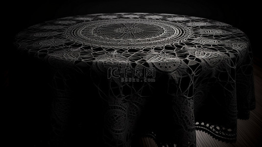 带有独立空心蕾丝桌布的黑色背景的 3D 渲染