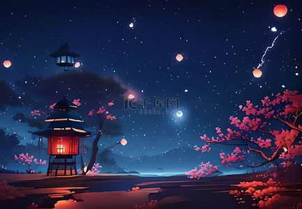 孔明灯星空清明节背景