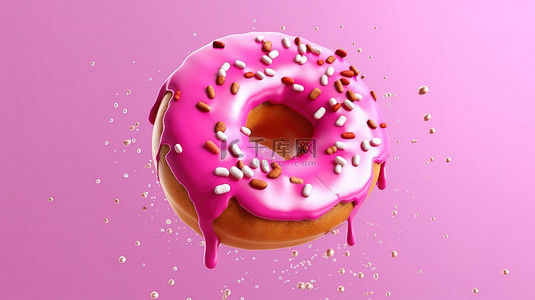 自由落体中粉红色冰甜甜圈的真实 3D 图形