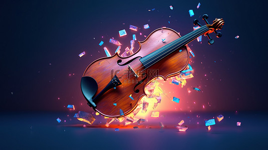 破碎的小提琴与霓虹灯碎片爆发 3D 插图