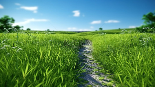 令人惊叹的 3D 渲染广阔的景观与郁郁葱葱的绿草