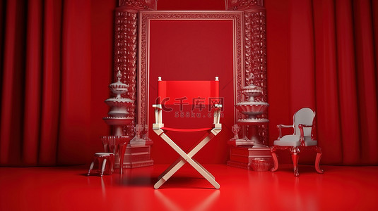 电影幕背景图片_电影主题红幕 3D 渲染，配有导演椅
