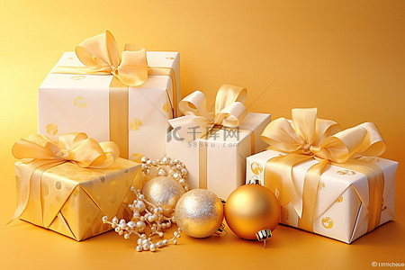 礼物礼物盒背景图片_黄色背景上的金色节日礼物，带礼品包装