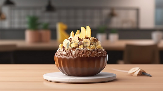 好吃美味的香蕉背景图片_卡通风格的 3d 巧克力香蕉宾果渲染是一种美味的韩国刨冰甜点，适合清爽的夏日款待
