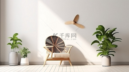当代室内 3D 渲染白墙背景与模拟海报框架木椅和风扇
