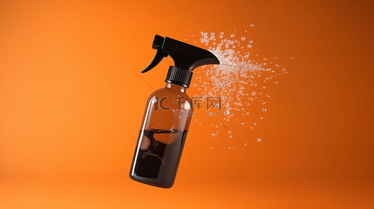 充满活力的橙色背景下单色喷雾瓶的 3D 渲染