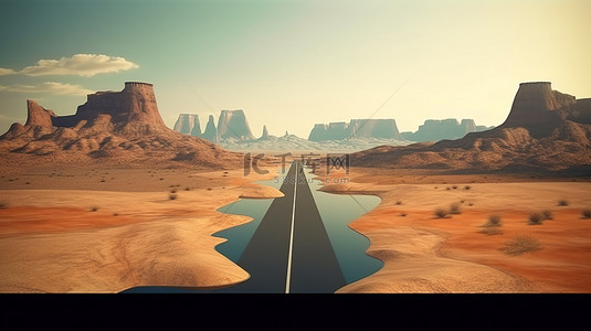沙漠背景背景图片_3D 渲染一条雄伟的孤立道路，高耸于沙漠山脉和风景秀丽的景观之上