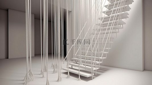 几何楼梯背景图片_带有悬挂电缆的 3D 悬浮楼梯