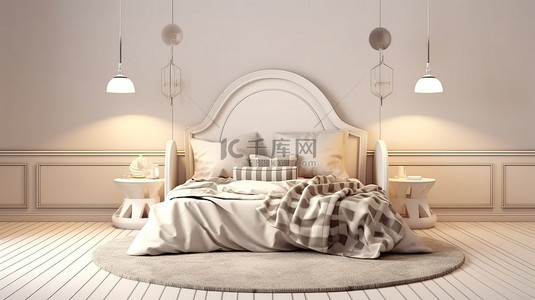 卧室床头柜背景图片_装饰艺术风格儿童白色床，配有补充毯子和枕头，配有床凳和带灯 3D 渲染的床头柜